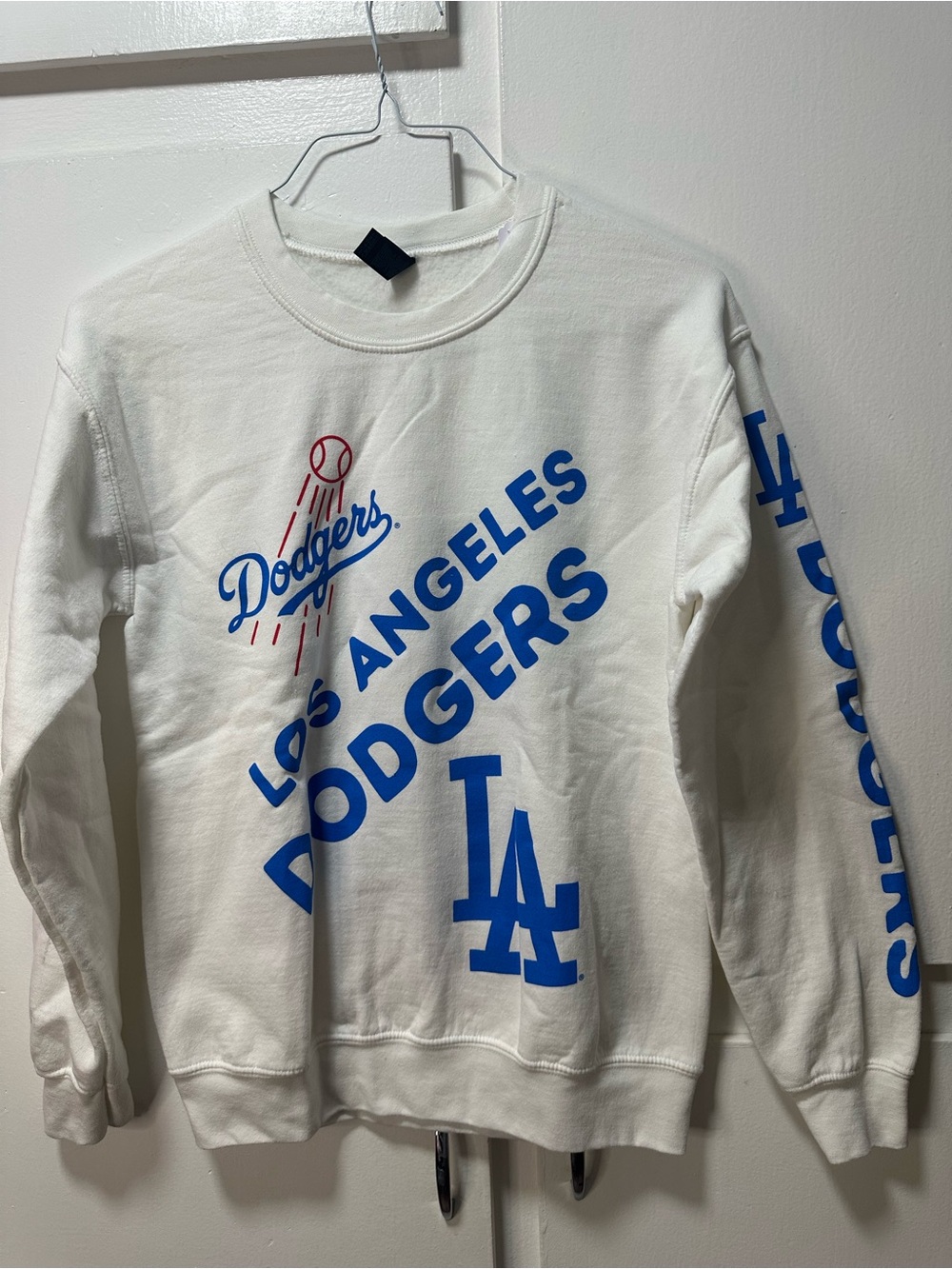 Gildan White Crewneck Sweatshirt with Blue Dodgers Graphics and Red Accent